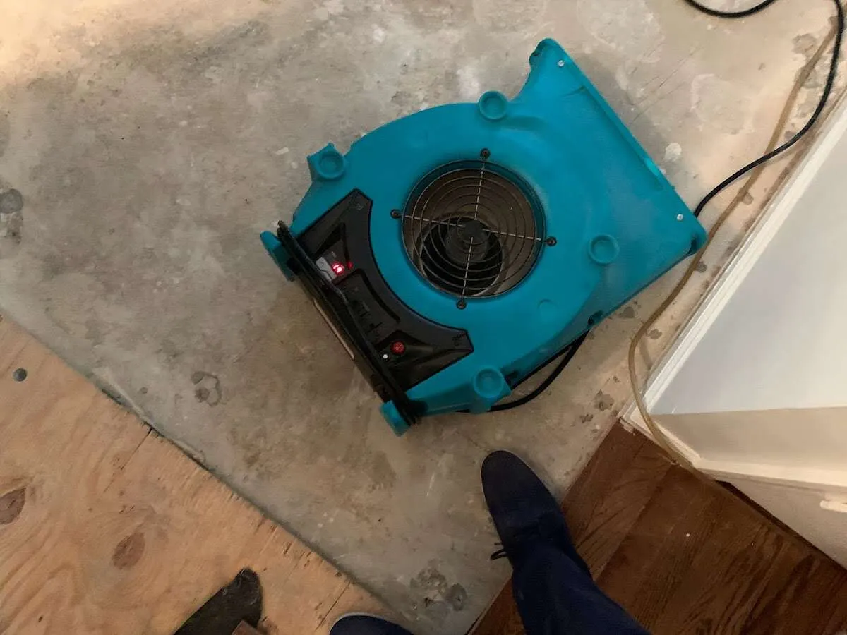 Air mover drying subfloor during Commercial Water Damage Restoration in Bon Air